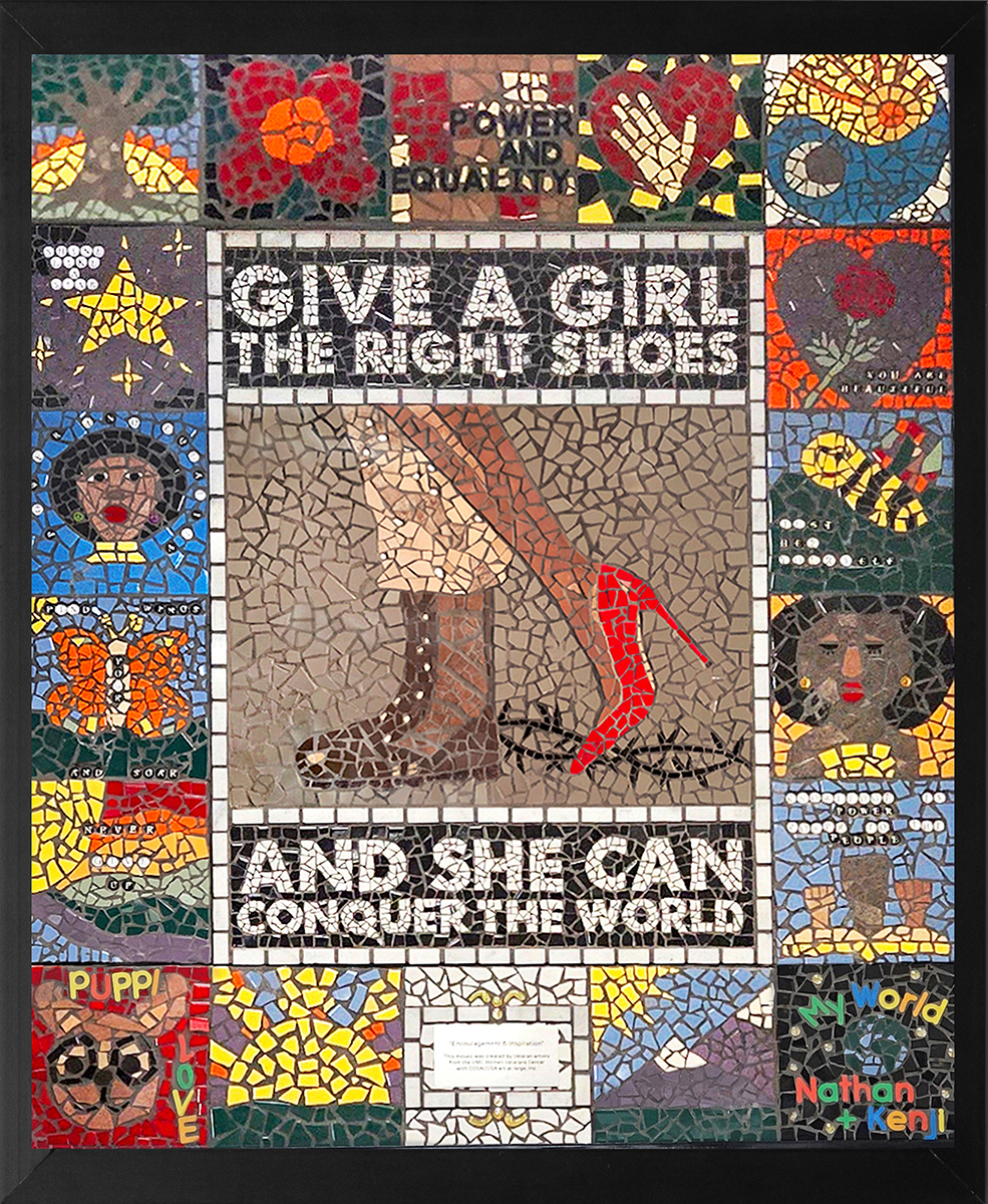 A multi-color tile mosaic with text in the center that says: Give a girl the right shoes and she can conquer the world. In the center of the text is an image of an Army boot and a red high heel in the center. The center image is surrounded by square tiles that depict images from nature, people, and sayings such as "power and equality" and "puppie love."