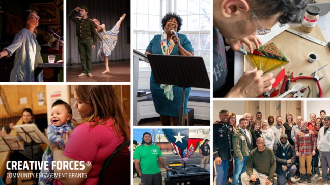 A photo collage of individuals, groups, and families of all ages, from children to older adults, participating in a variety of arts activities.