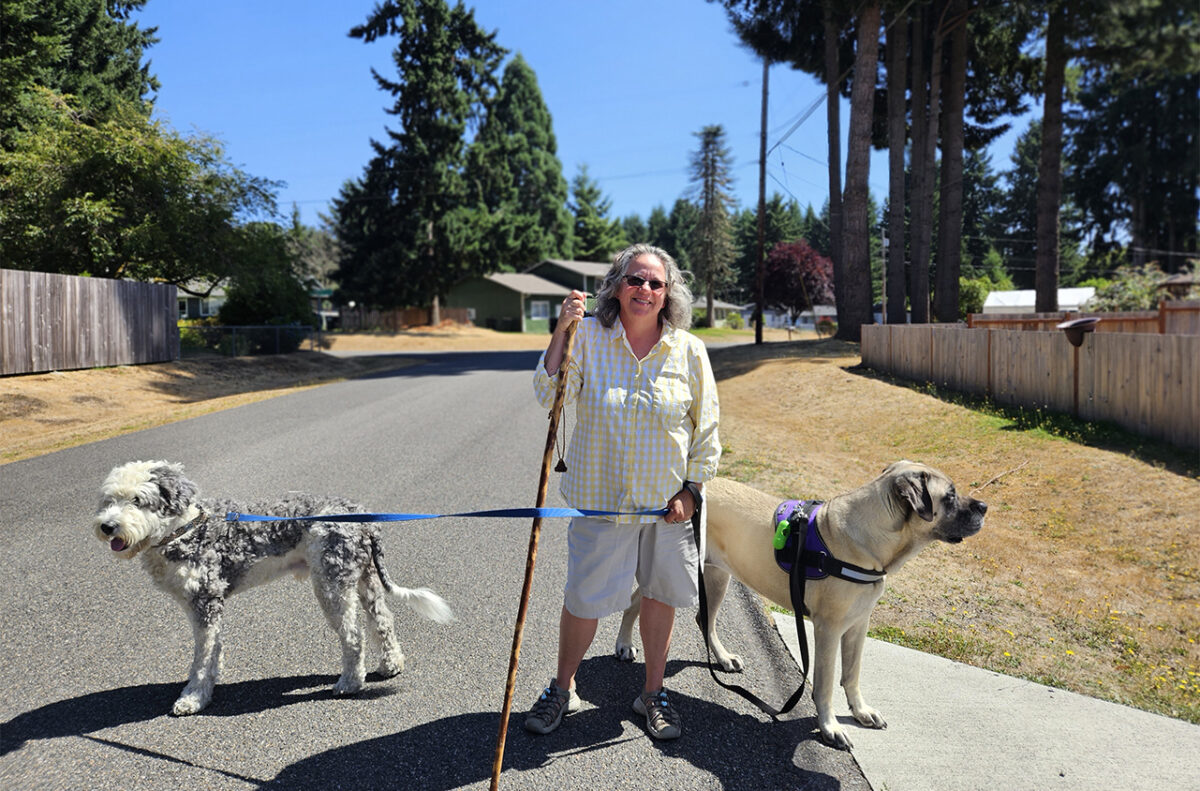 A white woman with sunglasses and gray hair stands on a residential street holding a tall wooden walking sticks and two large dogs on leashes.